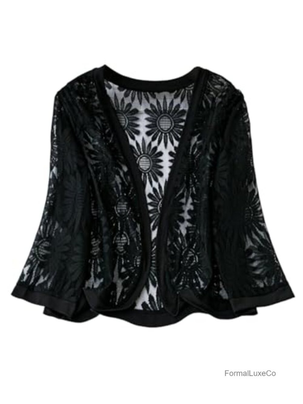 Plus Size Lace Sheer Mesh Open Front Bolero Shrug 3/4 Sleeve Lightweight